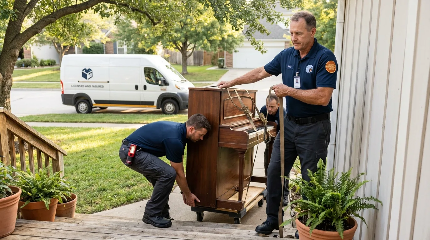 Licensed piano movers securing grand piano in Salem, UT