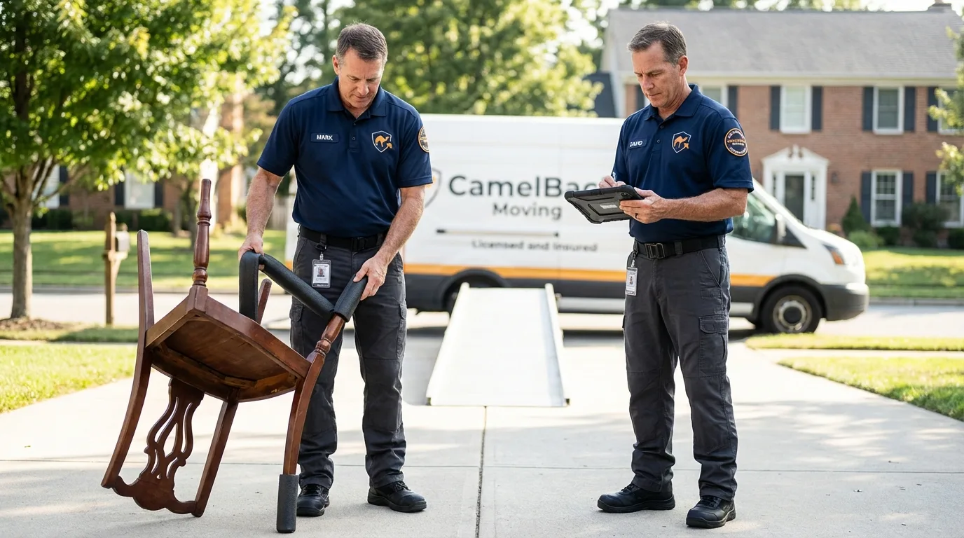 Movers inspecting furniture for damage prevention before loading in Salem, UT