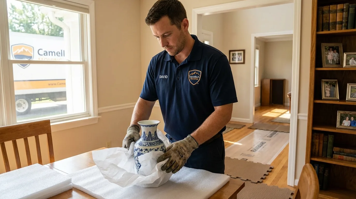Professional crew carefully wrapping antique vase for senior downsizing move in Salem, UT